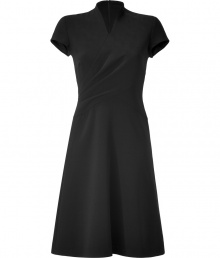 The epitome of elegance, this drape-detailed party-ready dress from Ralph Lauren Collection is subtle yet stunning - Stand collar, V-neck, cap sleeves, asymmetric drape with gathered side detail, fitted bodice, full swing skirt, concealed back zip closure - Style with a slim trench, platform pumps, and a statement satchel