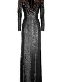 The ultimate glamorous statement piece with a fantastically modern-vintage feel, Jenny Packhams sequined floor-length gown is an immaculately crafted masterpiece, guaranteed to set your look soaring - Deep V-neckline, long sleeves, slit cuffs, hidden back zip, short train - Form-fitting silhouette, floor-length - Team with a dusting of fine jewelry and flawless accessories The ultimate glamorous statement piece with a fantastically modern-vintage feel, Jenny Packhams sequined floor-length gown is an immaculately crafted masterpiece, guaranteed to set your look soaring - Deep V-neckline, long sleeves, slit cuffs, hidden back zip, short train - Form-fitting silhouette, floor-length - Team with a dusting of fine jewelry and flawless accessories