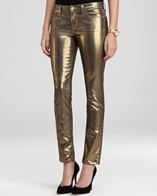 Brimming with downtown edge, these kate spade new york jeans put a shine on your style with a lustrous, gold-tone finish. Amp up the look with a strappy tank and sleek pumps for untamed urban attitude.