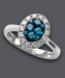Find your perfect diamond in rich blue hues! This dazzling ring from Bella Bleu by Effy Collection features bold blue diamonds (3/8 ct. t.w.) surrounded in a sparkling halo of round-cut white diamonds (3/8 ct. t.w.). Crafted in 14k white gold. Find your perfect diamond in rich blue hues! This dazzling ring from Bella Bleu by Effy Collection features bold blue diamonds (3/8 ct. t.w.) surrounded in a sparkling halo of round-cut white diamonds (3/8 ct. t.w.). Crafted in 14k white gold.