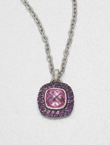 A cushion-cut pink corundum stone surrounded by pavé amethyst stones set in textured sterling silver on a link chain. Pink corundum and amethystSterling silverLength, about 17Pendant size, about 1Lobster clasp closureImported A cushion-cut pink corundum stone surrounded by pavé amethyst stones set in textured sterling silver on a link chain. Pink corundum and amethystSterling silverLength, about 17Pendant size, about 1Lobster clasp closureImported