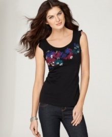A burst of floral embroidery, highlighted by sequins and beading, gives this petite top by DKNY Jeans charming appeal. Rough-cut edges at the shoulders give a dash of edginess! (Clearance) A burst of floral embroidery, highlighted by sequins and beading, gives this petite top by DKNY Jeans charming appeal. Rough-cut edges at the shoulders give a dash of edginess! (Clearance)