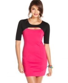 Amp up your dress collection with this hot bodycon number from BCX! Coloroblocking, short sleeves and a sultry cutout at the chest give this dress serious edge. Amp up your dress collection with this hot bodycon number from BCX! Coloroblocking, short sleeves and a sultry cutout at the chest give this dress serious edge.