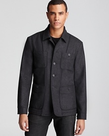 Four button patch pockets adorns the front of this whimsical design from John Varvatos Star USA, a handsome and casual piece for your outerwear wardrobe. Four button patch pockets adorns the front of this whimsical design from John Varvatos Star USA, a handsome and casual piece for your outerwear wardrobe.