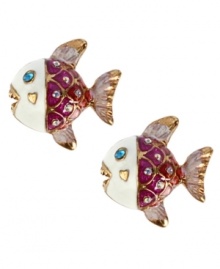 Take a dip this season. Betsey Johnson's deep-sea style features pretty pink and white fish with sparkling crystal accents. Crafted in antique gold tone mixed metal. Approximate diameter: 3/4 inch. Take a dip this season. Betsey Johnson's deep-sea style features pretty pink and white fish with sparkling crystal accents. Crafted in antique gold tone mixed metal. Approximate diameter: 3/4 inch.
