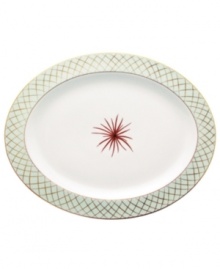An intricate lattice pattern frames a single starburst in the center of this striking platter from Bernardaud. An intricate lattice pattern frames a single starburst in the center of this striking platter from Bernardaud.