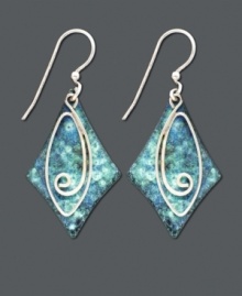 Sky blue earrings with an earthy feel. These organic-inspired earrings by Jody Coyote feature a blue patina brass diamond with a swirling silver accent and bead charms. Earrings crafted in sterling silver. Approximate drop: 1-5/8 inches. Sky blue earrings with an earthy feel. These organic-inspired earrings by Jody Coyote feature a blue patina brass diamond with a swirling silver accent and bead charms. Earrings crafted in sterling silver. Approximate drop: 1-5/8 inches.