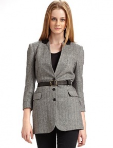 THE LOOKAllover herringbone patternContrast stand collarThree button front¾ sleeves with five button cuffsSingle welt pocket at chestContrast leather belt with buckle and belt loopsDual flap pockets at hipsVented hem at center backTHE FITAbout 30 from shoulder to hemTHE MATERIAL72% wool/27% nylon/1% Lycra spandexFully linedCARE & ORIGINDry clean Imported THE LOOKAllover herringbone patternContrast stand collarThree button front¾ sleeves with five button cuffsSingle welt pocket at chestContrast leather belt with buckle and belt loopsDual flap pockets at hipsVented hem at center backTHE FITAbout 30 from shoulder to hemTHE MATERIAL72% wool/27% nylon/1% Lycra spandexFully linedCARE & ORIGINDry clean Imported