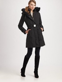 A belted jacket featuring a dramatic, oversized hood with cozy, ribbed-knit lining and convenient slash pockets.Ribbed-knit lining at drawstring hoodConcealed zipper frontSnap closureBelted styleSlash pocketsFully linedAbout 32 from shoulder to hemPolyesterDry cleanImported Model shown is 5'10 (177cm) wearing US size 4. A belted jacket featuring a dramatic, oversized hood with cozy, ribbed-knit lining and convenient slash pockets.Ribbed-knit lining at drawstring hoodConcealed zipper frontSnap closureBelted styleSlash pocketsFully linedAbout 32 from shoulder to hemPolyesterDry cleanImported Model shown is 5'10 (177cm) wearing US size 4.