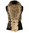 Luxurious knit vest made ​.​.of fine, patterned wool mix - Features an extra-large fur collar, waist belt, and decorative trim at sleeves and hem - Must-have for fall and winter and an instant upgrade to any outfit - Pair with leather leggings, skinny jeans or a pencil skirt