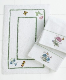 Bring the brightness of spring to your bathroom every day with this whimsical bath rug. Flowers and butterflies dance along a white ground in this pattern inspired by the acclaimed dinnerware pattern. Bring the brightness of spring to your bathroom every day with this whimsical bath rug. Flowers and butterflies dance along a white ground in this pattern inspired by the acclaimed dinnerware pattern.