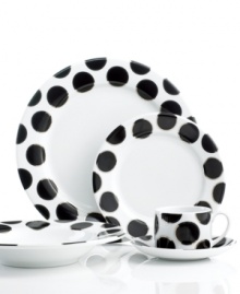 Cru takes the formality out of fine china with the Black Pearl place settings. Platinum-banded dots add whimsical flair and a touch of shine to elegant white porcelain designed for dishwasher use. Cru takes the formality out of fine china with the Black Pearl place settings. Platinum-banded dots add whimsical flair and a touch of shine to elegant white porcelain designed for dishwasher use.