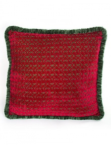 An elegant and spirited accent in pure silk, offering embroidered swirls on one side and a Courtly Check print on the other with a shirred velvet edge in between.HandmadeZip-off coverSilk18 squareHand washImported An elegant and spirited accent in pure silk, offering embroidered swirls on one side and a Courtly Check print on the other with a shirred velvet edge in between.HandmadeZip-off coverSilk18 squareHand washImported