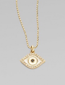 An enamel evil eye, framed in sparkling diamonds and strung from a 14k yellow gold chain, offers spiritual protection.Diamonds, 0.15 tcw 14k yellow gold Enamel Chain length, about 16 Pendant width, about ½ Lobster clasp Imported An enamel evil eye, framed in sparkling diamonds and strung from a 14k yellow gold chain, offers spiritual protection.Diamonds, 0.15 tcw 14k yellow gold Enamel Chain length, about 16 Pendant width, about ½ Lobster clasp Imported