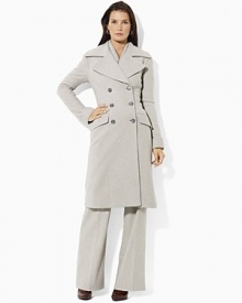 A glamorous long coat is crafted for warmth and style in lush blended wool-cashmere melton with chic oversize lapels and a double-breasted front. A glamorous long coat is crafted for warmth and style in lush blended wool-cashmere melton with chic oversize lapels and a double-breasted front.