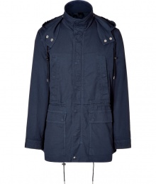 Stylish sleepy blue textured cotton parka from Marc by Marc Jacobs - Add instant casual-cool to your cold weather looks with this classic parka - Slim silhouette with a drawstring waist and flap pockets - Style with cargo pants, a long sleeve henley, and trainers