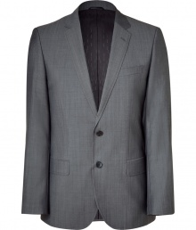 Elegant jacket in fine, charcoal grey wool blend - Soft, lighter weight material with subtle pin stripe - Single-breasted style with two-button closure and deep, narrow-cut lapels - Chest pocket and flap pockets at sides - Slim, slightly longer cut through the torso - Polished and classically cool, seamlessly transitions from day to evening - Pair with a button down or t-shirt and trousers or chinos