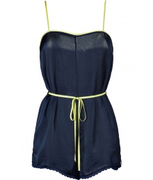 Detailed in super soft navy tumbled satin, Juicy Coutures neon trimmed romper is a sporty choice as comfy as it is chic - Neon lime adjustable spaghetti straps and trim, neon lime grosgrain self-tie sash with gold-toned logo engraved aglets, belt loops, scalloped trim, logo charm - Loosely fitted - Wear with an open cardigan and shearling lined boots for cool weather lounging Detailed in super soft navy tumbled satin, Juicy Coutures neon trimmed romper is a sporty choice as comfy as it is chic - Neon lime adjustable spaghetti straps and trim, neon lime grosgrain self-tie sash with gold-toned logo engraved aglets, belt loops, scalloped trim, logo charm - Loosely fitted - Wear with an open cardigan and shearling lined boots for cool weather lounging