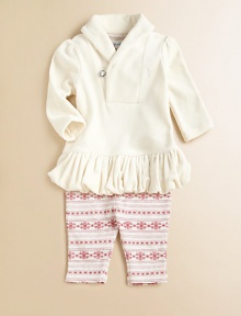 Paired with eye-popping snowflake leggings, plush velour is given a truly girly makeover with a sparkling rhinestone button, puffed sleeves and a ruffled hem. Tunic Shawl collarLong puffed sleevesRhinestone button and loop closure Leggings Elastic waistband with drawstring bowTapered legCotton/PolyesterMachine washImported Please note: Number of buttons may vary depending on size ordered. Paired with eye-popping snowflake leggings, plush velour is given a truly girly makeover with a sparkling rhinestone button, puffed sleeves and a ruffled hem. Tunic Shawl collarLong puffed sleevesRhinestone button and loop closure Leggings Elastic waistband with drawstring bowTapered legCotton/PolyesterMachine washImported Please note: Number of buttons may vary depending on size ordered.