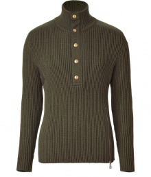 Recently relaunched with a fashion-forward aesthetic, Belstaffs take on modernized knitwear makes the once-stuffy pullover a downtown-approved must-have essential - Turtleneck, front snap half placket, quilted shoulder details, contrasting under arm panel with stud detail, all-over ribbing, asymmetrical exposed side zip - Style with slim trousers and suede ankle boots or chinos and trainers