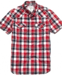 This short-sleeved button-front shirt from guess adds plaid perfection to your cool casual style.