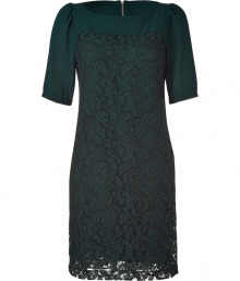 Channel everyday elegance in this lovely lace-detailed dress from Hoss Intropia - Bateau neck, short puff sleeves, sheer lace overlay, solid underlay, gathered back detail, exposed back zip closure - Pair with platform booties and a clutch