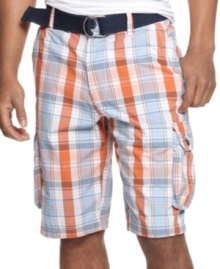 A place for everything. Cargo pockets help keep the essentials safe so you can move around as you wish in these stylish plaid shorts from Ecko Unlimited. A place for everything. Cargo pockets help keep the essentials safe so you can move around as you wish in these stylish plaid shorts from Ecko Unlimited.