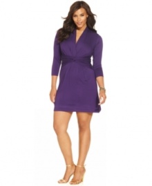 A ruched waist lends a sleek silhouette to Spense's three-quarter sleeve plus size dress-- delight from day to date night!