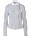 Elevate your workwear wardrobe with elegant staples like Navy Jil Sanders luxe striped cotton blouse - Crafted in a soft, pure white and grey cotton - Feminine, fitted cut is slightly cropped - Contrast Peter Pan collar and full button placket - Long, cuffed sleeves and small pocket at chest - A modern twist on a polished classic, perfect for pairing with suit trousers, cigarette pants and pencil skirts