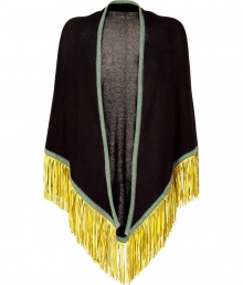 Cover up in ultra-luxe style with this fringed cashmere oversized scarf from Antonia Zander - Large triangle shape, contrast trim, dramatic yellow fringe - Pair with a cocktail-ready frock and heels or with a cashmere pullover and skinny jeans Cover up in ultra-luxe style with this fringed cashmere oversized scarf from Antonia Zander - Large triangle shape, contrast trim, dramatic yellow fringe - Pair with a cocktail-ready frock and heels or with a cashmere pullover and skinny jeans