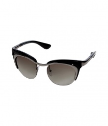 Make a style statement in the sun with Pradas modern-retro sunnies, inspired by the chic look of vintage 50s cars - Black cat-eye half-frames with chrome steel brow bar and logo engraved inserts on handles, charcoal gradient lenses, clear nose pieces - Lens filter category 2 - Comes with a logo embossed hard carrying case Make a style statement in the sun with Pradas modern-retro sunnies, inspired by the chic look of vintage 50s cars - Black cat-eye half-frames with chrome steel brow bar and logo engraved inserts on handles, charcoal gradient lenses, clear nose pieces - Lens filter category 2 - Comes with a logo embossed hard carrying case