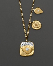 Gold/diamond square necklace with diamond heart accent and gold leaf and heart charms on chain. Designed by Meira T. Gold/diamond square necklace with diamond heart accent and gold leaf and heart charms on chain. Designed by Meira T.