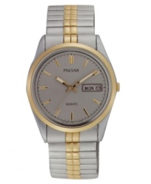 Slate grey makes a handsome finish on this men's watch from Pulsar. Grey stainless steel bracelet and round case with goldtone accents. Round grey dial with logo, date window and stick indices. Quartz movement. Water resistant to 30 meters. Three-year limited warranty. Slate grey makes a handsome finish on this men's watch from Pulsar. Grey stainless steel bracelet and round case with goldtone accents. Round grey dial with logo, date window and stick indices. Quartz movement. Water resistant to 30 meters. Three-year limited warranty.