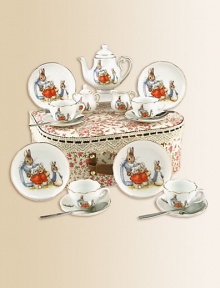 This heirloom quality children's set features Flopsy Mopsy, Cottontail, Peter and their watchful mom. Each porcelain piece is hand-embellished in 22k gold. Set includes four plates, four tea cups & saucers, one tall tea pot, sugar & creamer and four stainless steel spoons all beautifully and safely stored in a fabric-lined trunk case.Beautifully gift boxed, 11.5W X 9H X 4DPorcelainPlate, 3.75DTea cup, 1.5 oz. This heirloom quality children's set features Flopsy Mopsy, Cottontail, Peter and their watchful mom. Each porcelain piece is hand-embellished in 22k gold. Set includes four plates, four tea cups & saucers, one tall tea pot, sugar & creamer and four stainless steel spoons all beautifully and safely stored in a fabric-lined trunk case.Beautifully gift boxed, 11.5W X 9H X 4DPorcelainPlate, 3.75DTea cup, 1.5 oz.
