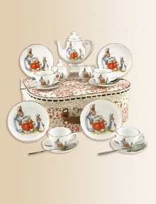 This heirloom quality children's set features Flopsy Mopsy, Cottontail, Peter and their watchful mom. Each porcelain piece is hand-embellished in 22k gold. Set includes four plates, four tea cups & saucers, one tall tea pot, sugar & creamer and four stainless steel spoons all beautifully and safely stored in a fabric-lined trunk case.Beautifully gift boxed, 11.5W X 9H X 4DPorcelainPlate, 3.75DTea cup, 1.5 oz. 