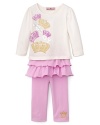 Juicy Couture teams a colorful crown-enriched cream top with skirted pink leggings--a sassy set fit for your little princess.
