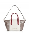 The satchel gets a modern update with this ultra-sleek colorblock version from Marc by Marc Jacobs - Large carryall shape, top zip closure, contrasting top carrying handles and side panels, convertible shoulder strap, glossy leather - Perfect for everyday use, work, or travel