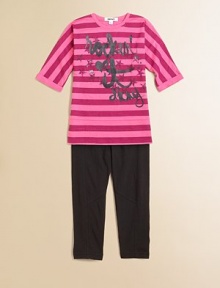 Rock out with this adorable two-piece set featuring bold stripes and whimsical printing atop complimentary leggings for a stylish ensemble. Tunic CrewneckCuffed three-quarter sleevesPullover style Leggings Front buttonZip flyTunic: 60% cotton/40% rayonLeggings: 95% cotton/5% spandexMachine washImported Please note: Number of buttons may vary depending on size ordered. Rock out with this adorable two-piece set featuring bold stripes and whimsical printing atop complimentary leggings for a stylish ensemble. Tunic CrewneckCuffed three-quarter sleevesPullover style Leggings Front buttonZip flyTunic: 60% cotton/40% rayonLeggings: 95% cotton/5% spandexMachine washImported Please note: Number of buttons may vary depending on size ordered.
