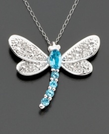 Create a buzz with this sensational round-cut blue topaz (1/3 ct. t.w.) and diamond-accented dragonfly pendant set in 14k white gold. Chain measures 18 inches; drop measures approximately 1 inch. Create a buzz with this sensational round-cut blue topaz (1/3 ct. t.w.) and diamond-accented dragonfly pendant set in 14k white gold. Chain measures 18 inches; drop measures approximately 1 inch.