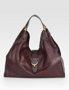 Double top handles, 8 dropStrap flap closureOne inside zip pocketTwo inside open pocketsSuede lining17W X 14½H X 6DMade in Italy Double top handles, 8 dropStrap flap closureOne inside zip pocketTwo inside open pocketsSuede lining17W X 14½H X 6DMade in Italy