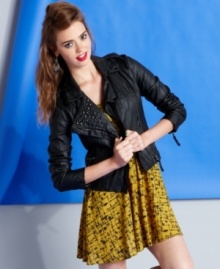 Forever cool: studded to perfection, this faux-leather moto jacket from Material Girl is an absolute must-have for fall!