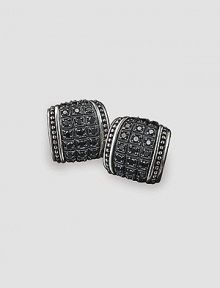Engraved sterling silver is trimmed with rows of diamond-cut, black sapphires. 1.83 tcw About ¾ X ¾ Made in USA Engraved sterling silver is trimmed with rows of diamond-cut, black sapphires. 1.83 tcw About ¾ X ¾ Made in USA