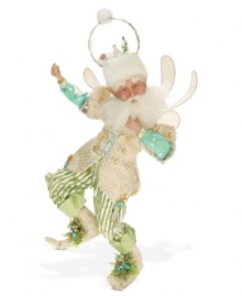 A model of wintertime whimsy, this Mark Roberts fairy dons a hat that doubles as a snow globe, plus a spectacular green and gold ensemble. Shake things up by adjusting his flexible arms and legs in countless configurations.