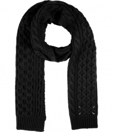 Homespun charm goes high fashion with this easy-to-style chunky cable knit wool scarf from cult-favorite accessory label Maison Martin Margiela  - Cable knit pattern wool scarf with ribbed hem - Pair with an elevated jeans-and-tee ensemble, a leather jacket, and platform booties