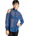 Material Girl gives this gingham-print top serious edge via shoulder cutouts and sheer, button down style.