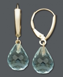 Cool blue. Faceted briolette drops in aquamarine (9 ct. t.w.) shimmer in a 14k gold leverback setting. Approximate drop: 1-1/8 inches.