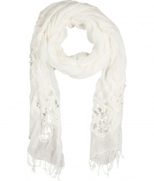 Luxe ivory fringe scarf from Ermanno Scervino - Add a stylish accent with this lovely fringe scarf - Embroidered detail with fringed hem - Wrap this scarf around your neck, wear it around your head, or tie on your favorite It bag Luxe ivory fringe scarf from Ermanno Scervino - Add a stylish accent with this lovely fringe scarf - Embroidered detail with fringed hem - Wrap this scarf around your neck, wear it around your head, or tie on your favorite It bag