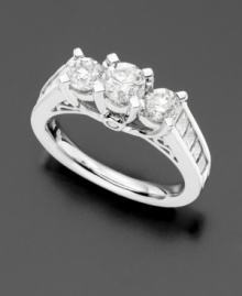 Three round-cut diamonds flanked by channel-set princess cut diamonds (2 ct. t.w.) for unparalleled elegance. Set in 14k white gold. Three round-cut diamonds flanked by channel-set princess cut diamonds (2 ct. t.w.) for unparalleled elegance. Set in 14k white gold.