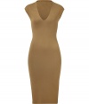 Stylish dress in fine, copper brown wool stretch blend - Feminine, curve-hugging cut accentuates and defines the waist - Deep v-neck and cap sleeves - Pencil skirt hits just below knee - Streamlined, sexy and sophisticated, ideal for work, parties and elegant evenings out - Pair with a cropped jacket and open toe pumps or wedges and a colorful clutch or small shoulder bag