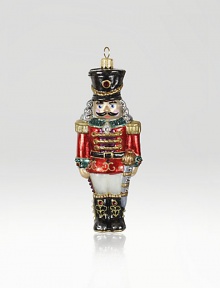 The Heritage of Jay Strongwater began as the bejeweled frame with beautiful stone settings and scrolls, becoming the source of inspiration for this season's new glass ornament collection. This ornament is mouth blown and decorated in Poland with a wonderful team of old world craftsmen. Detailed with crystals, hand applied jewel tone colors and scrolls as if it were a fine piece of jewelry.GlassCrystalMouth blownHand-painted and hand-set5.75H X 2W X 1DImported The Heritage of Jay Strongwater began as the bejeweled frame with beautiful stone settings and scrolls, becoming the source of inspiration for this season's new glass ornament collection. This ornament is mouth blown and decorated in Poland with a wonderful team of old world craftsmen. Detailed with crystals, hand applied jewel tone colors and scrolls as if it were a fine piece of jewelry.GlassCrystalMouth blownHand-painted and hand-set5.75H X 2W X 1DImported